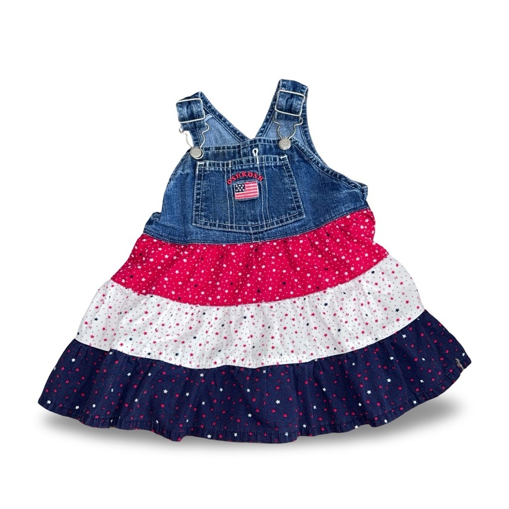 Oshkosh Size 12 Mos Blue Jean Overall Dress Flag Stars Skirt USA Girls